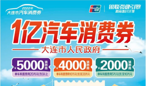 云閃付APP助力大連市發放1億元汽車消費券