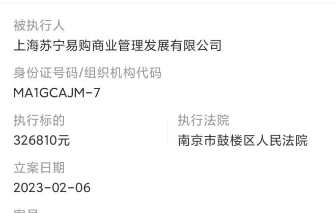上海蘇寧易購商管公司被強(qiáng)執(zhí)412萬 累計(jì)被執(zhí)行超974萬