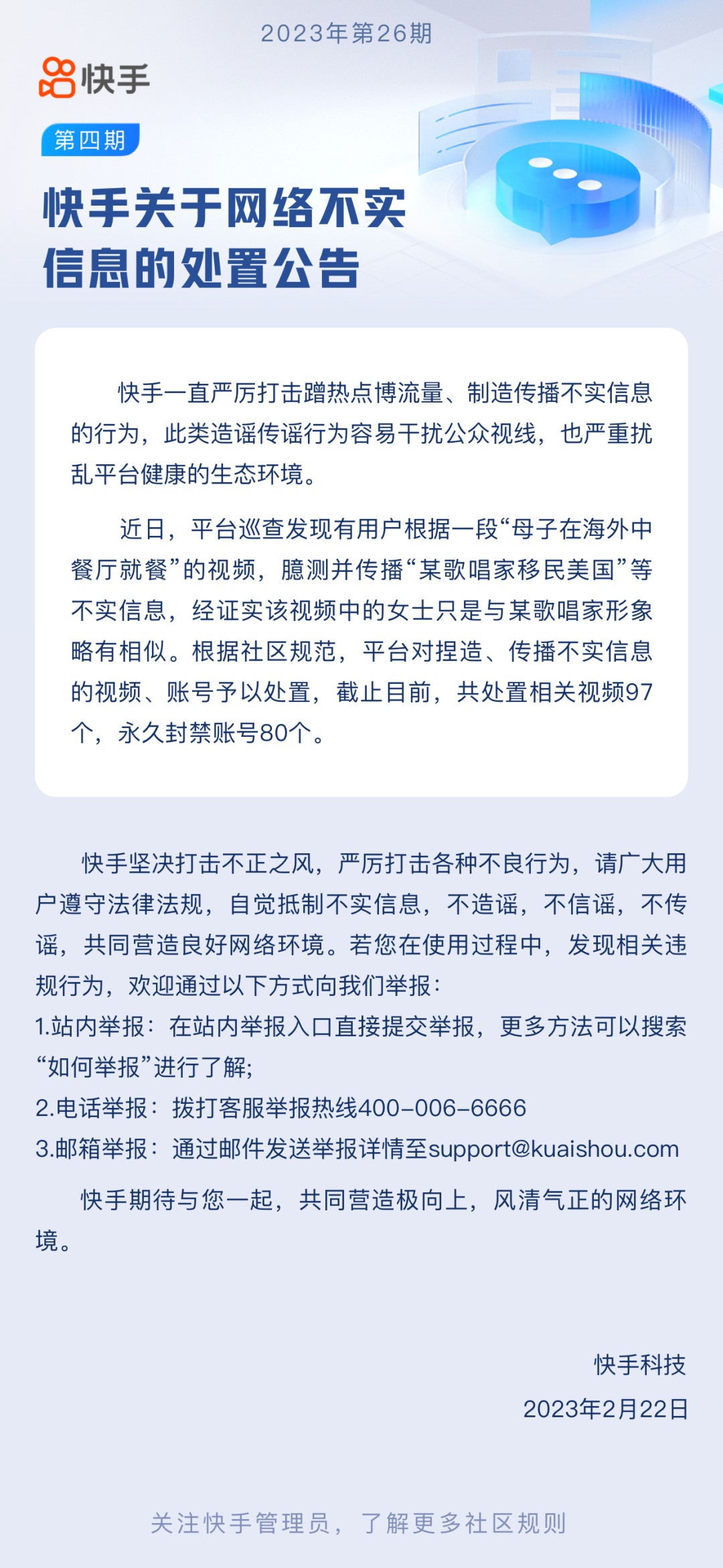 快手：本期共處置網(wǎng)絡(luò)不實(shí)信息相關(guān)視頻97個(gè)，永久封禁賬號(hào)80個(gè)