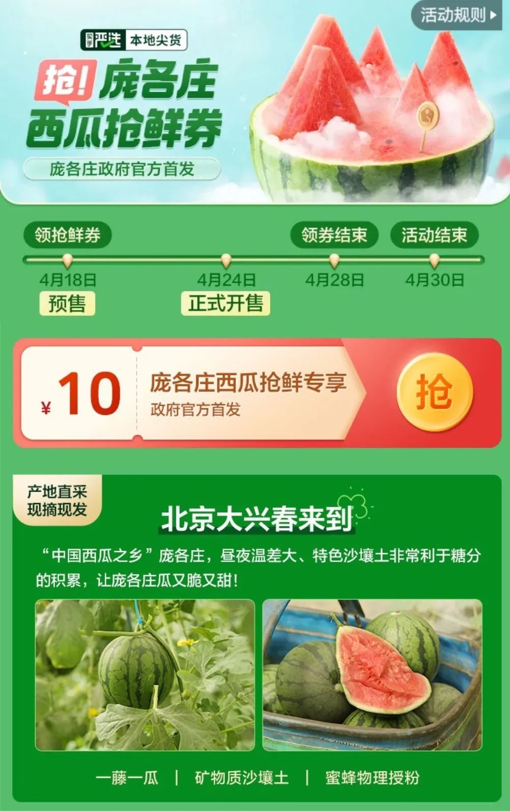 美團買菜將發放2萬張龐各莊“西瓜搶鮮券”