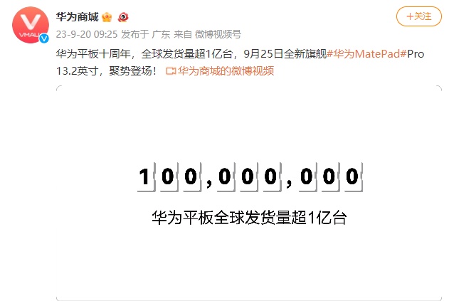 華為平板全球發(fā)貨量超1億臺