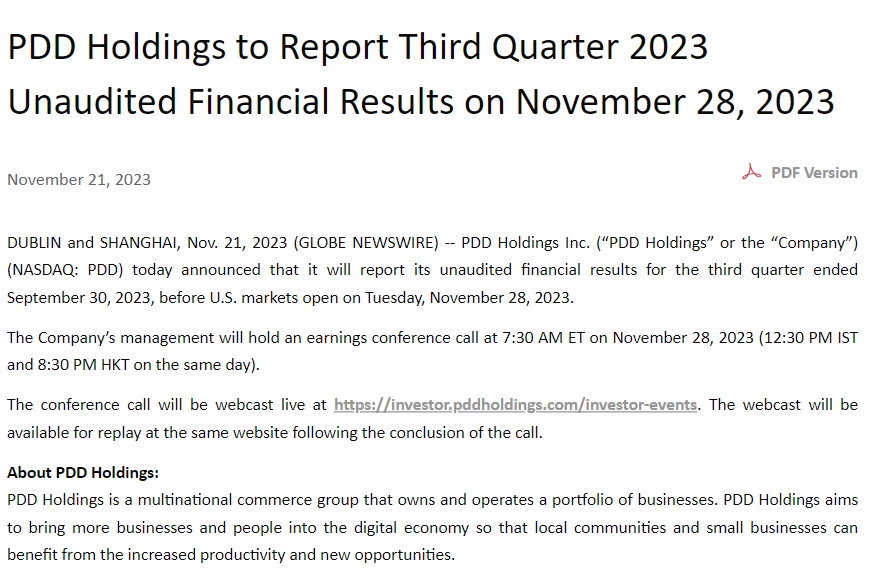拼多多將于11月28日公布2023年第三季度財報