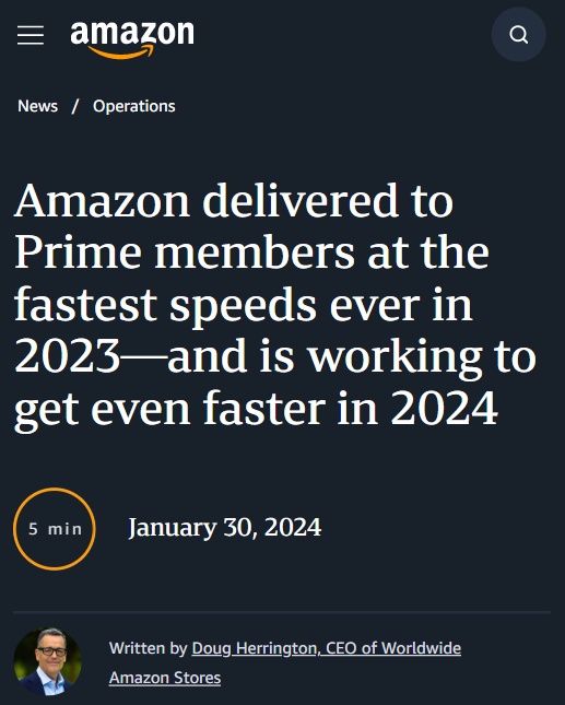 亞馬遜Prime配送提速 當日或次日實現超70億件商品送達