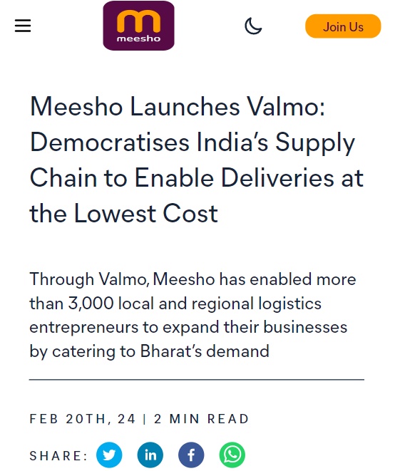 Meesho推出物流解決方案Valmo以降低貨物交付成本