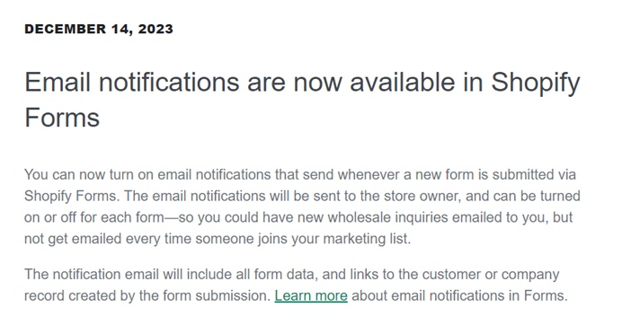 Shopify Forms開啟郵件通知新功能