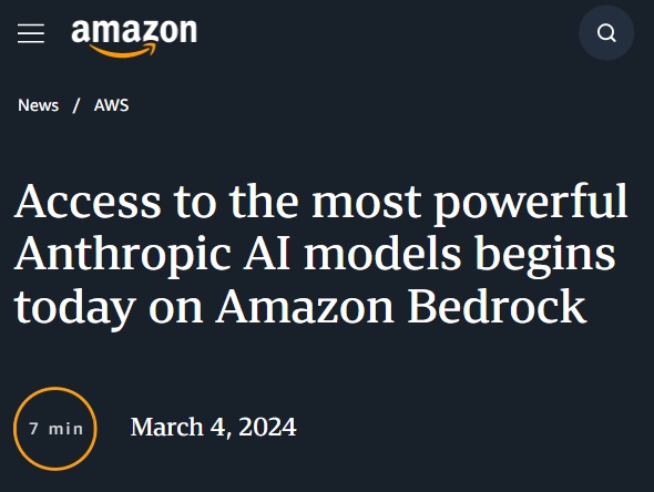 亞馬遜Amazon Bedrock新增Anthropic Claude 3模型