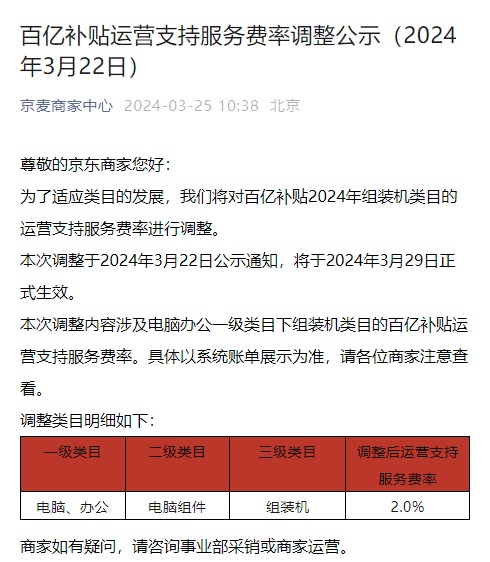 京東調整百億補貼24年組裝機類目運營支持服務費率為2%
